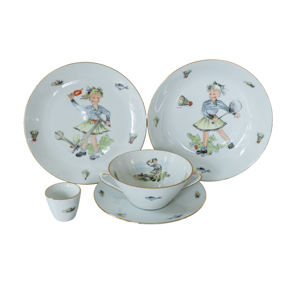 VTG 50s Seltmann Weiden Children Dinnerware Set Bowl Plate Egg Cup Girl Play MCM